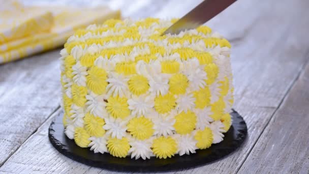 Mujer manos corte pastel de piña vacaciones . — Vídeos de Stock