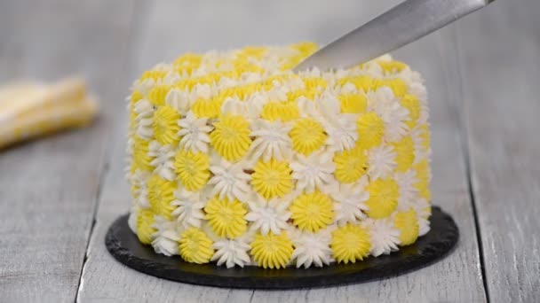 Woman Hands Cutting Pineapple Holiday Cake — 비디오