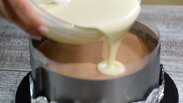 Triple Chocolate Mousse Cake Confectioner Girl Pours Delicate Chocolate Mousse — Stock Video