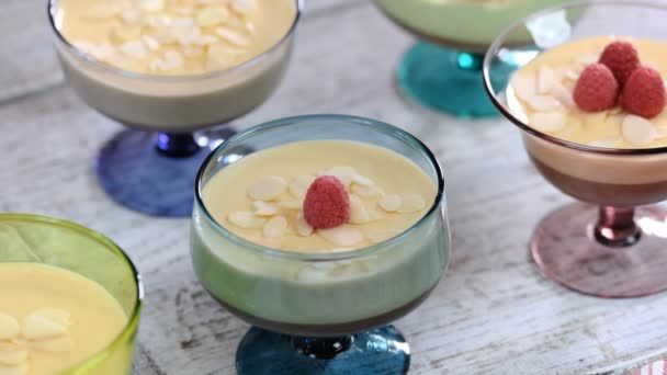 Dessert Caramel Cream Mousse Raspberries Glass — Stock Video