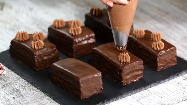 Confeiteiro está decorando bolos de chocolate — Vídeo de Stock