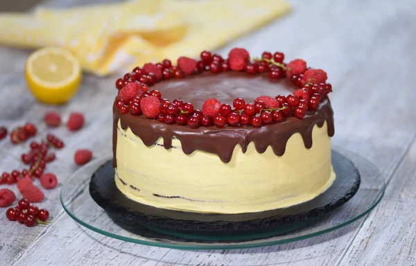 巧克力蜂蜜层蛋糕梅多维克与夏季浆果 — 图库照片