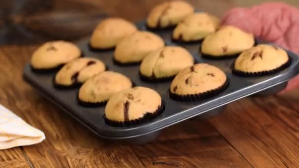 Свежеиспеченные кексы на сковороде — стоковое видео