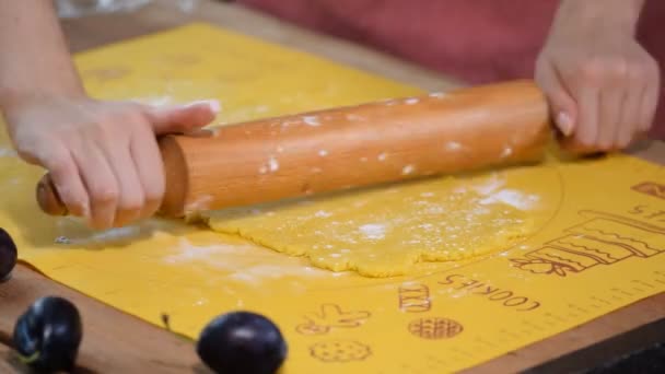 Womans hands roll the dough. Woman making pie at home — 비디오