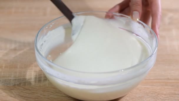 Préparation de la crème à la vanille. Femme remuant crème vanille dans le bol . — Video