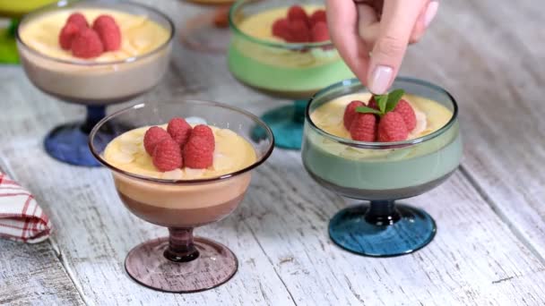 Chocolade dessert in glazen met frambozen. Chocolademousse of pudding in gedeelte glazen met verse bessen, kopie ruimte — Stockvideo