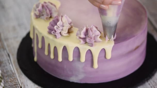 Γυναίκα διακοσμούν κέικ με μαγειρική σύριγγα. — Αρχείο Βίντεο