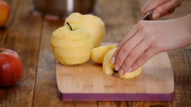 Een vrouw met mooie handen met een mes snijdt de appel. — Stockvideo