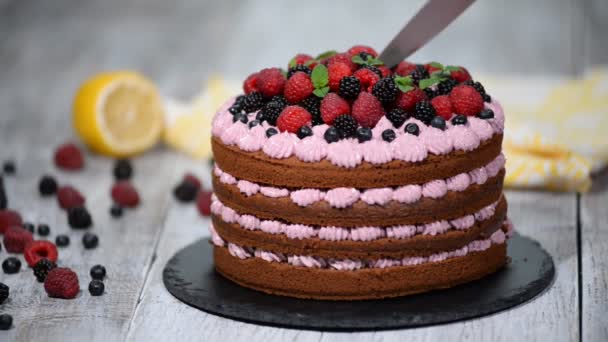 Les mains des femmes coupent le gâteau avec de la crème bleue et des baies sur fond de bois . — Video