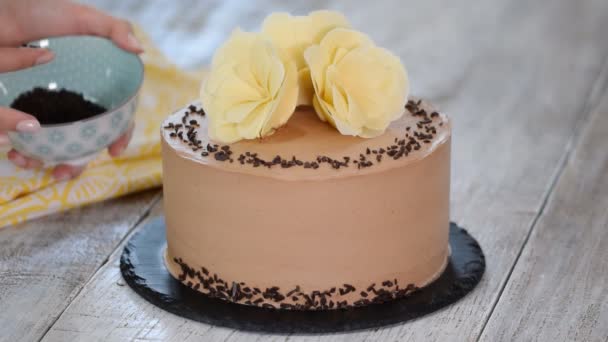 Pasticcere decorare torta con cioccolato . — Video Stock