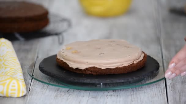 Processo de cozinhar bolo de esponja de chocolate. Passo a passo bolo de chocolate montagem . — Vídeo de Stock