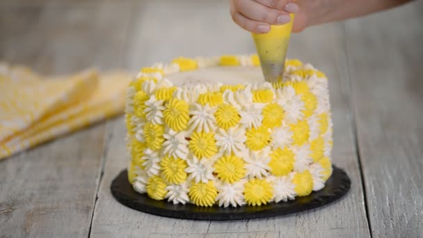 Chef femenino con bolsita de pastelería exprimiendo crema en la torta en la cocina. Mujer preparando un pastel en casa . — Vídeos de Stock