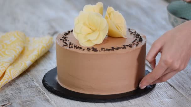 Pastelaria chef decorar bolo com chocolate . — Vídeo de Stock