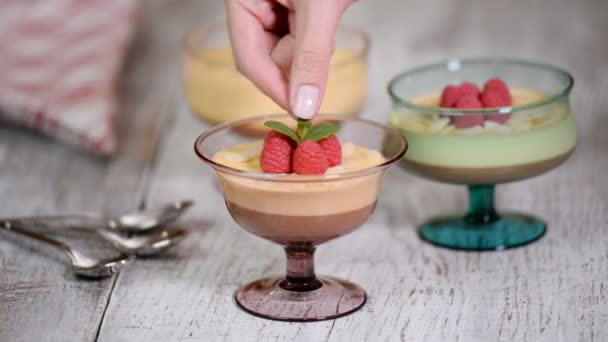 Chocolade karamel mousse gegarneerd met munt blad en frambozen in een beker. — Stockvideo