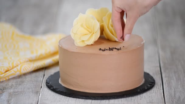 Konditor dekorera tårta med choklad. — Stockvideo