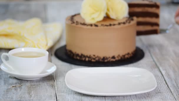 Вкусный домашний шоколадный банановый торт — стоковое видео