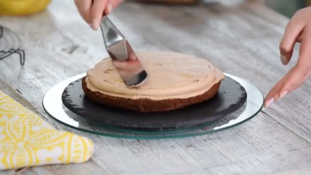 Proces vaření čokolády piškotový dort. Krok za krokem sestavení čokoládový dort. — Stock video