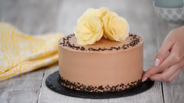 Chef pâtissier décorer gâteau avec du chocolat . — Video