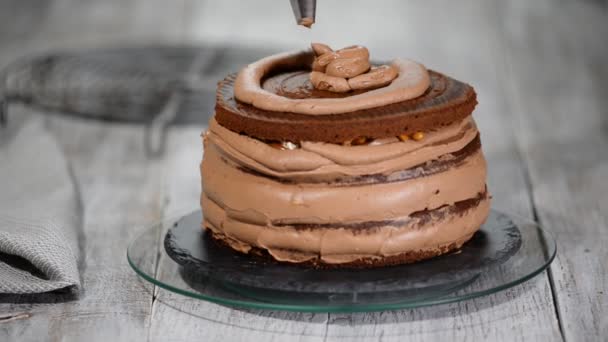 Processo de cozinhar bolo de esponja de chocolate. Passo a passo bolo de chocolate montagem . — Vídeo de Stock