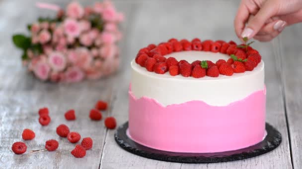 Cerrar vista mujer pone hojas de menta para decorar la parte superior de crema blanca de pastel de galletas rosa de pie en el plato — Vídeos de Stock