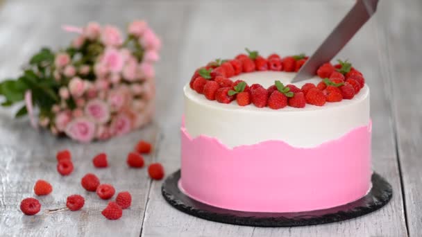 Delicious raspberry cake with fresh raspberries and mint. — Stock Video