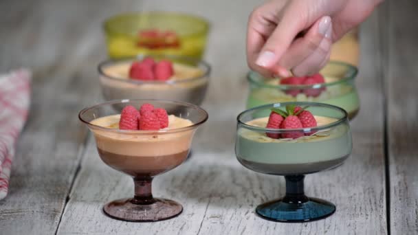 Chocolate mousse with raspberry and mint in portion glasses — Stock Video