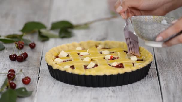 Zutaten für Kuchen mit frischem Kirschkuchen gefüllt backen. Weibchen bereiten Kirschtorte zu. Eierwäsche auf Tortenoberseite verteilen. — Stockvideo