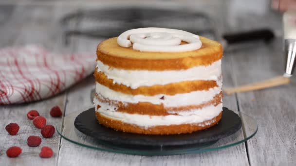 Nahaufnahme von Teig mit Buttercreme-Biskuitteig bedeckt. Sahne im Gebäckbeutel. — Stockvideo