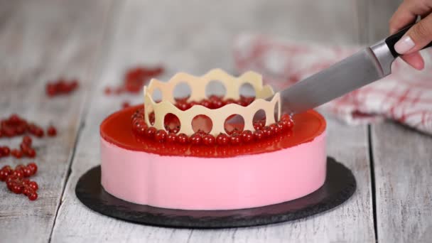 Ciasto Mousse z czerwonymi porzeczki na białym tle. — Wideo stockowe