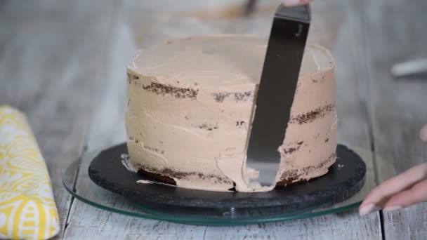 Шоколадный торт. Кондитер покрывает шоколадный торт сливочный крем. Шоколадный бисквит. Сумка со сливками . — стоковое видео