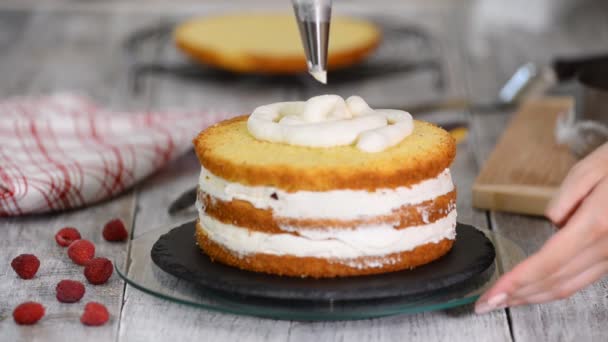 Primer plano de la pastelería cubierta con crema de mantequilla pastel de esponja. Crema en una bolsa de pastelería . — Vídeos de Stock