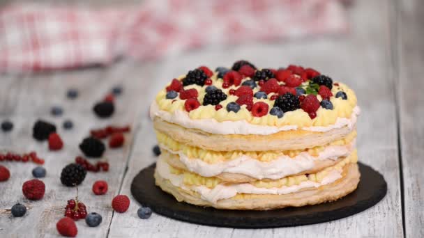 Шарів торт прикрашений ягодами і м'ятою . — стокове відео