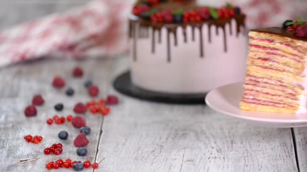 Шматок молочного торта на тарілці з ягодою на бетонному сірому столі . — стокове відео