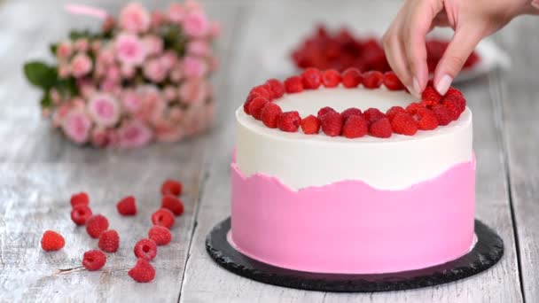 Chef decorate the cake with raspberries. — Stock Video