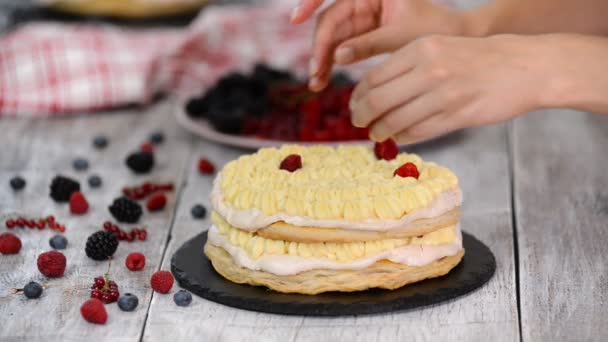 Layered cake decorated with berries and mint. — Stock Video