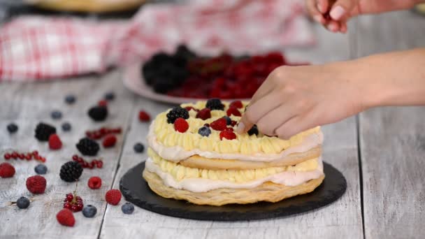 Шарів торт прикрашений ягодами і м'ятою . — стокове відео