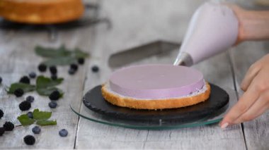 Pişirme kavramı. Lezzetli kek, closeup yapmak profesyonel pudra.