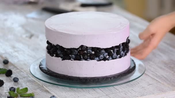 Primer plano: Pastel con crema. Pastel de esponja con crema. La comida para las vacaciones. Preparación de la torta en una tienda de dulces . — Vídeo de stock