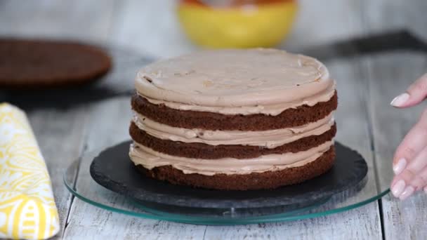 Pastel de esponja de chocolate con crema. Preparación de la torta en una tienda de dulces. La comida para las vacaciones . — Vídeos de Stock