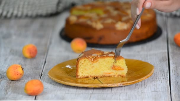 Scheibe frisch gebackene Aprikose und Mandelkuchen-Dessert. — Stockvideo