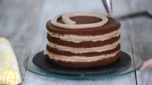 Κρέμα που συμπιέζεται σε τούρτα σοκολάτας. Πιέζοντας την κρέμα στο κέικ — Αρχείο Βίντεο