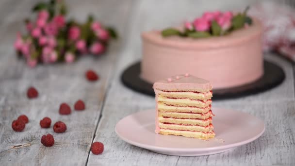 Darab vanília réteg torta friss bogyós gyümölcsök és tejszín. — Stock videók