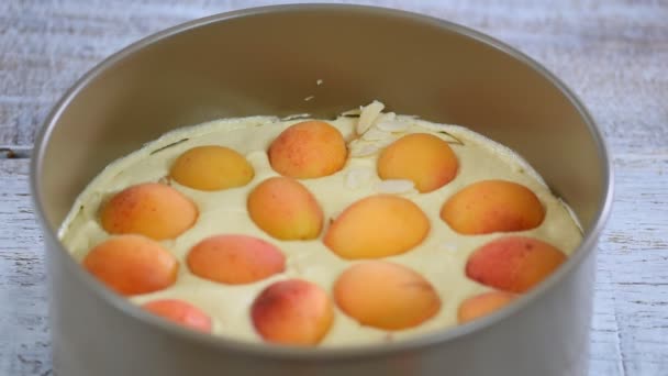 Frau macht Sommer-Aprikosenkuchen mit Mandeln. — Stockvideo
