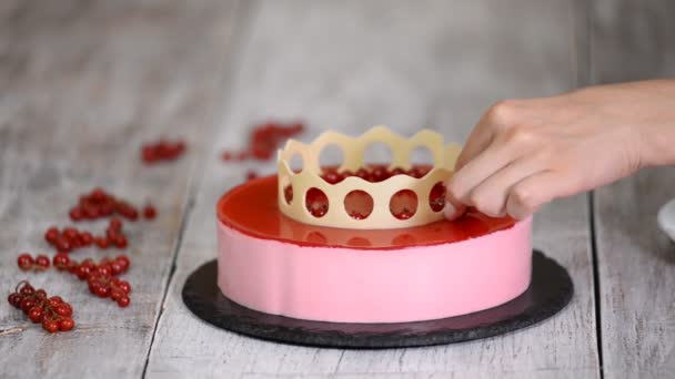 Een heerlijke mousse cake versierd met rode bessen. — Stockvideo