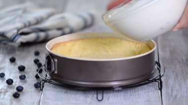 Lezzetli peynirli kek yapan kadın. Yabanmersinli cheesecake yapmak.