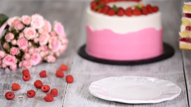 Pièce de délicieux gâteau d'été avec gelée de framboise . — Video