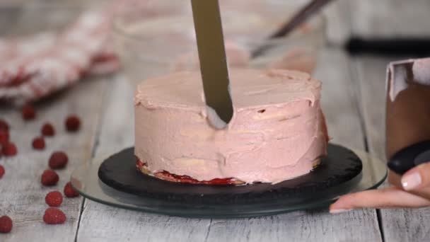 Das Mädchen glättet die Sahne auf dem Kuchen. das Konzept von hausgemachtem Gebäck, Kuchen kochen — Stockvideo