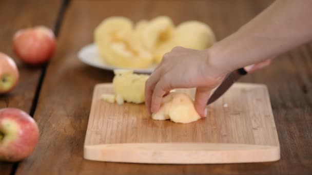 Schneiden von Äpfeln auf Schneidebrett für Konserven. — Stockvideo