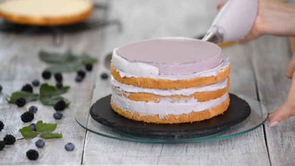 Confectioner i köket gör en svampkaka med bärgrädde. Begreppet hembakat bakverk, matlagning kakor. Serie — Stockvideo