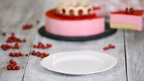 A piece of delicious red currant mousse cake decorated with berries. — Stock Video